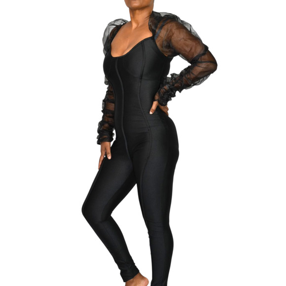 Lips Inc Jumpsuit Black Sheer Chiffon Puff Long Sleeve Bustier Bodysuit Small - Picture 1 of 14